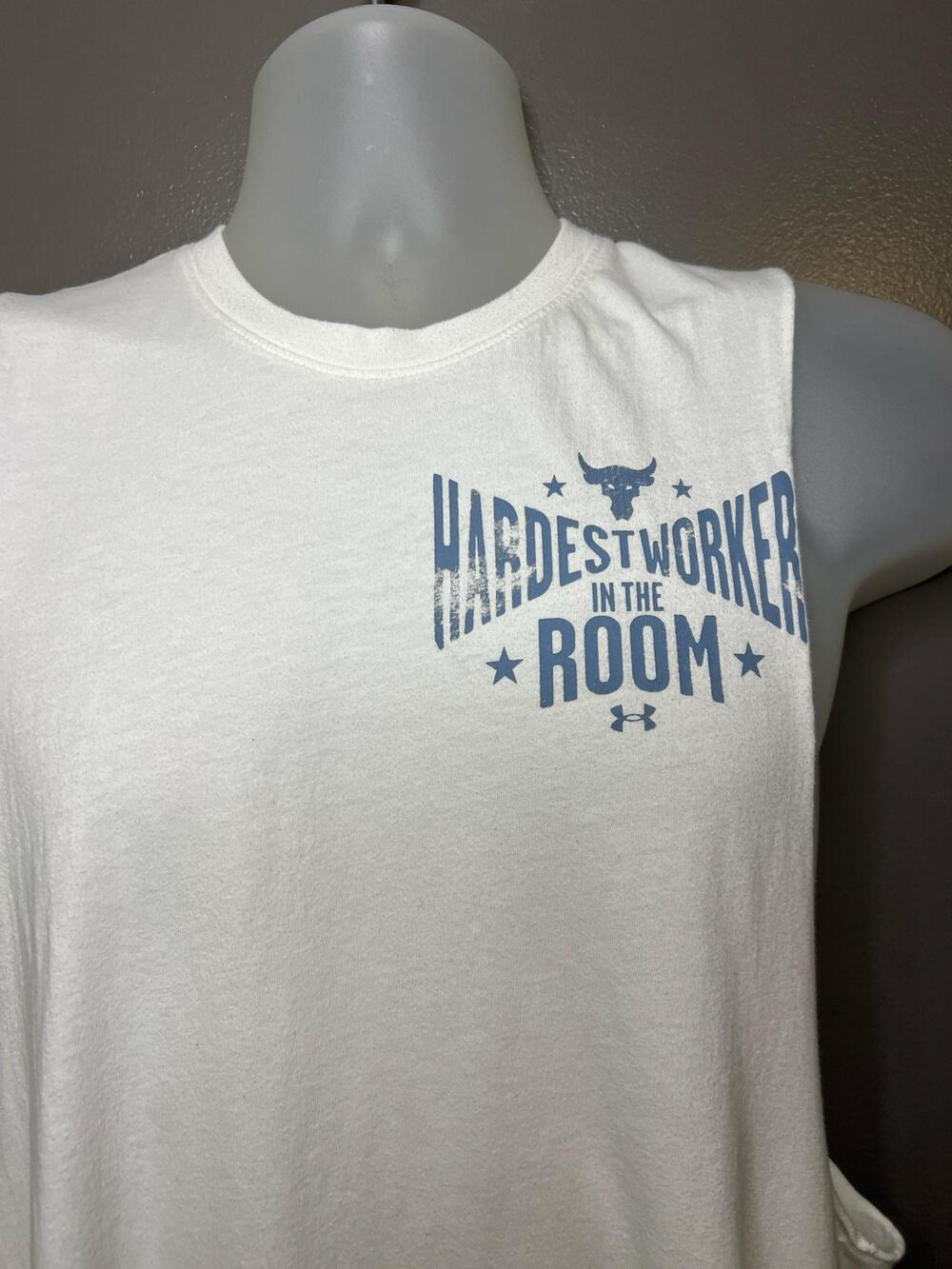 Under Armour Project Rock Tank Top Mens Large White Hardest Worker Gym Training